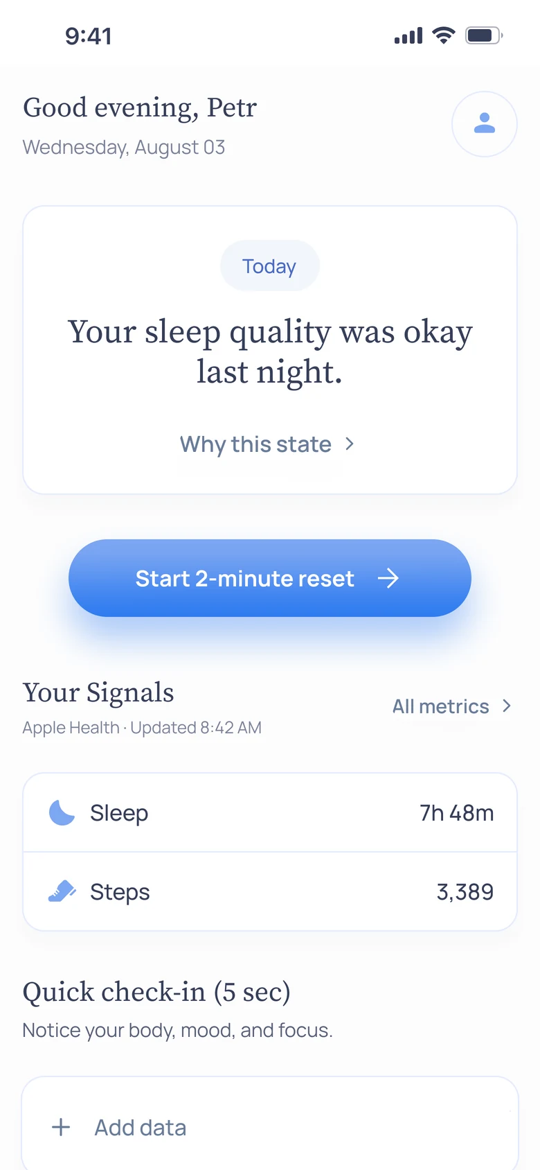 Elys Life home screen — your state in one sentence and a two-minute reset