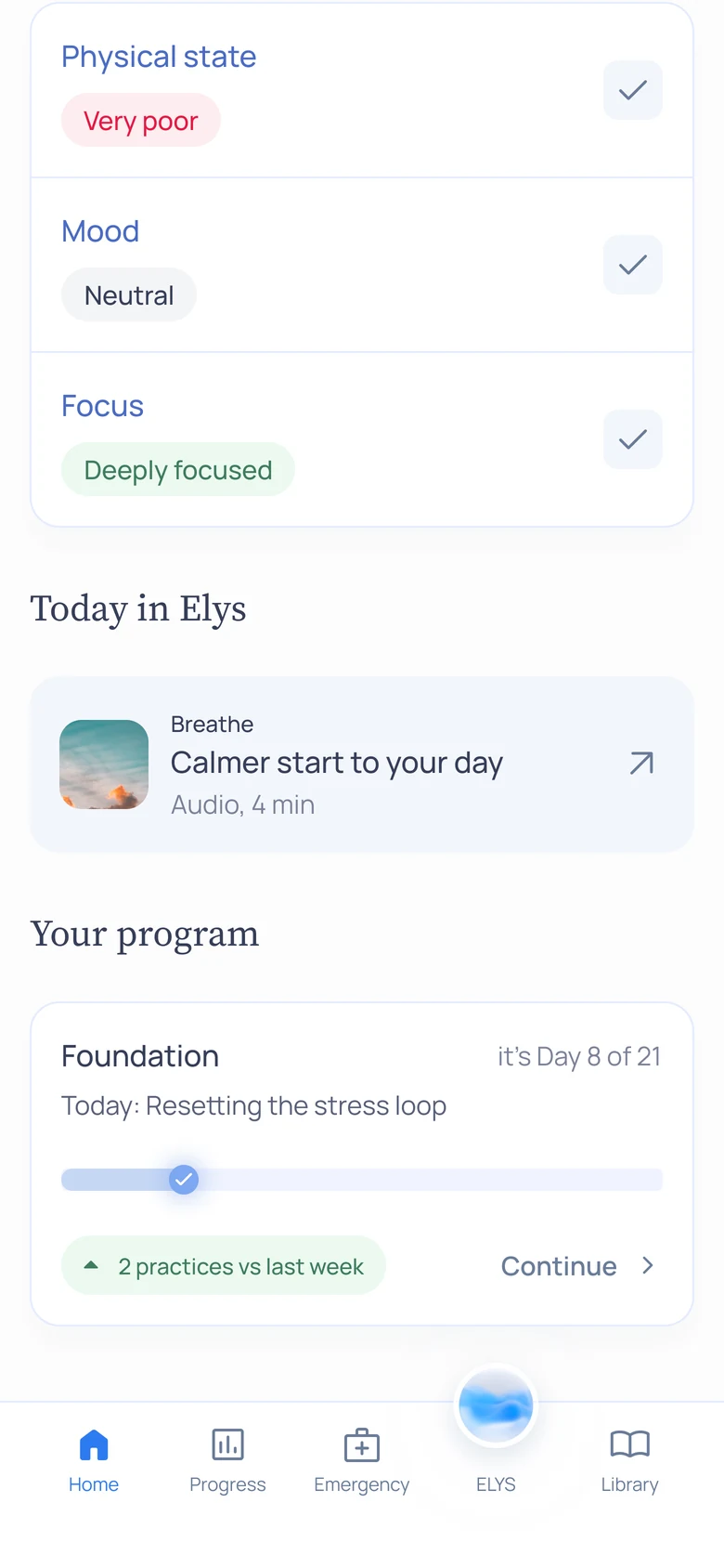 Elys Life — check-ins and the 21-day program on day 8